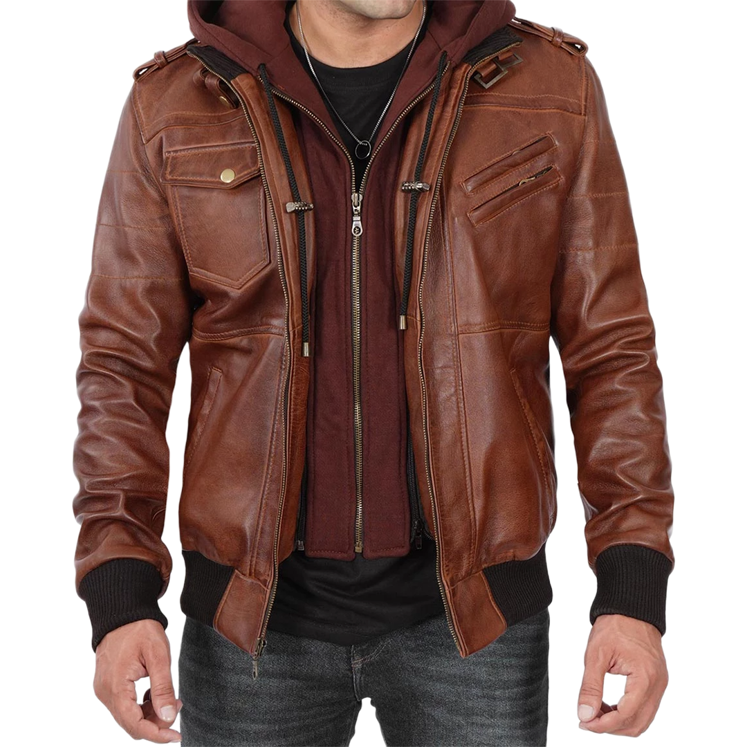 Men's Brown Tall Leather Bomber Jacket With Removable Hood