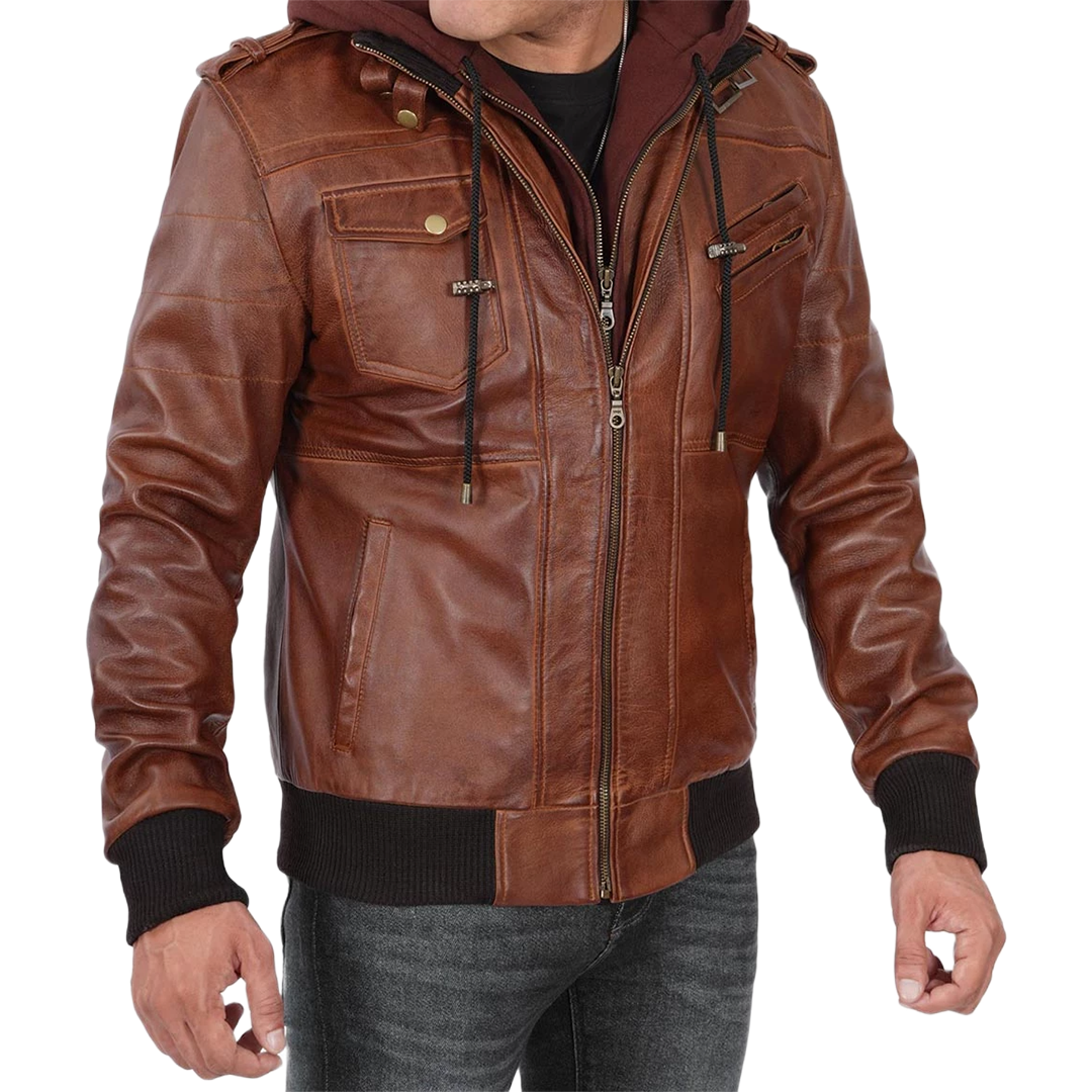 Men's Brown Tall Leather Bomber Jacket With Removable Hood
