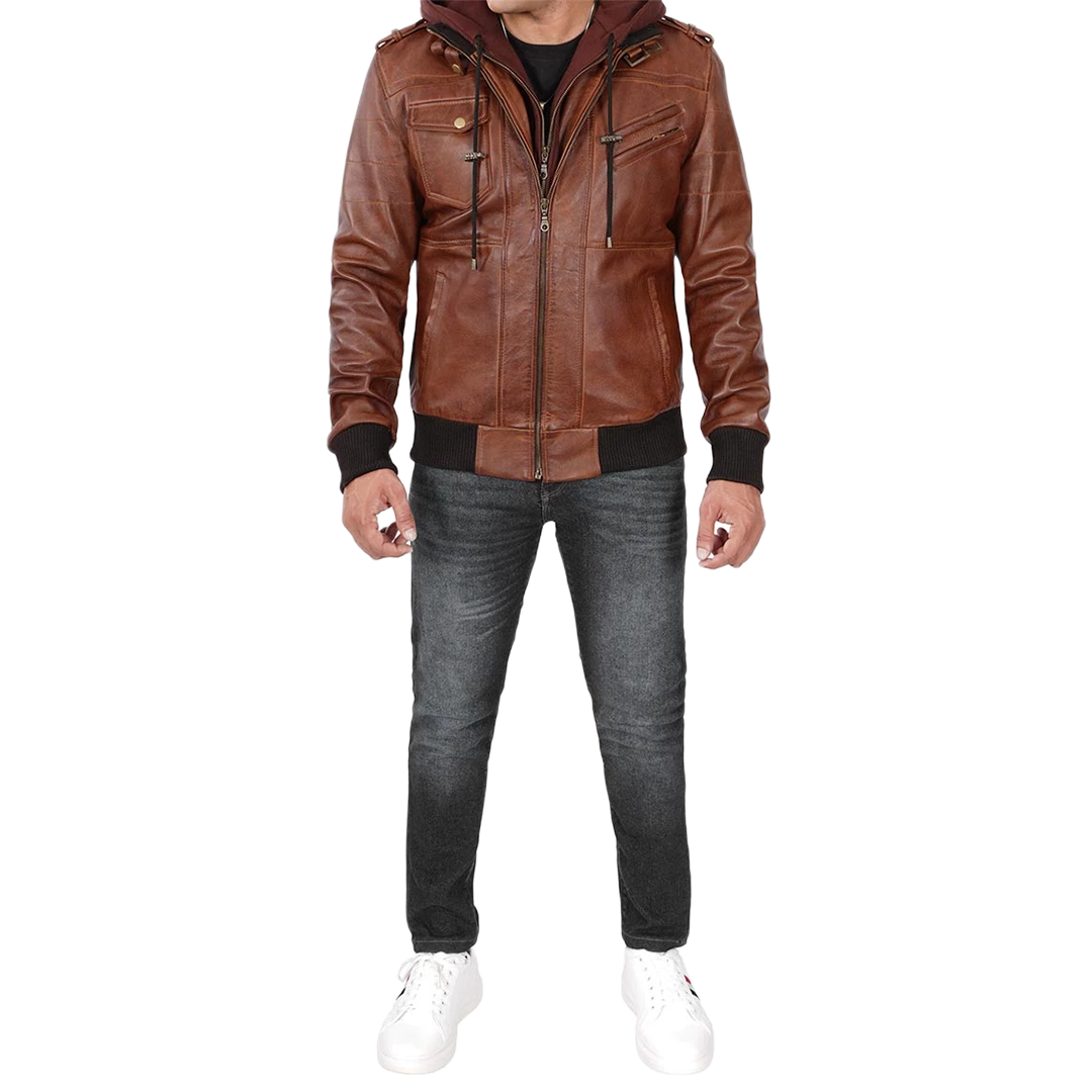 Men's Brown Tall Leather Bomber Jacket With Removable Hood