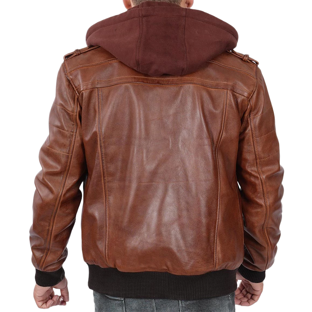 Men's Brown Tall Leather Bomber Jacket With Removable Hood