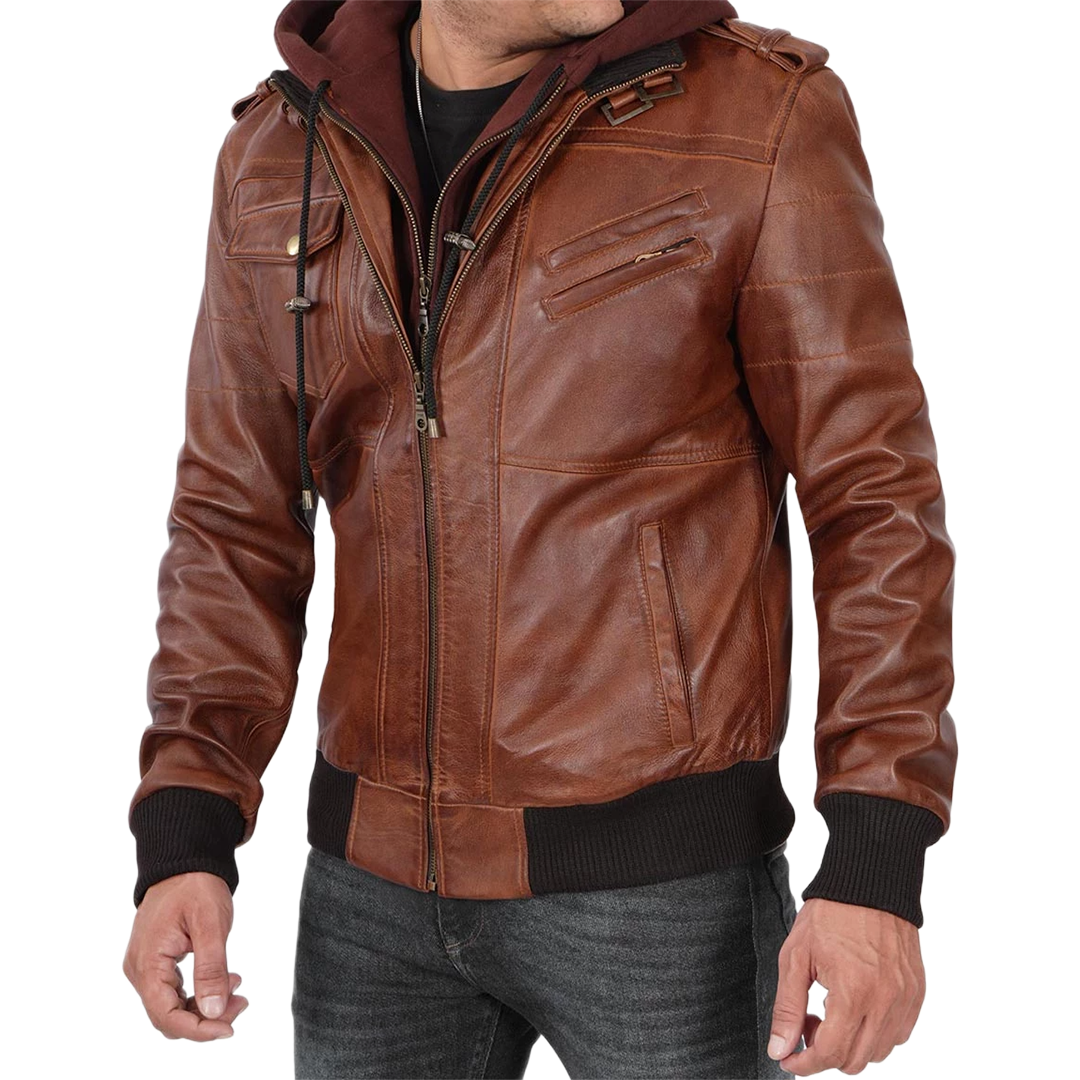 Men's Brown Tall Leather Bomber Jacket With Removable Hood
