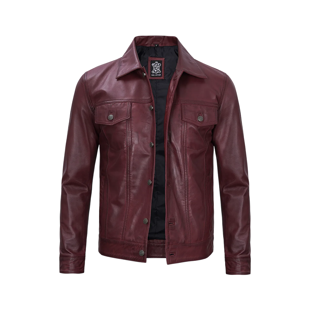 Men's Burgundy Real Leather Trucker Jacket