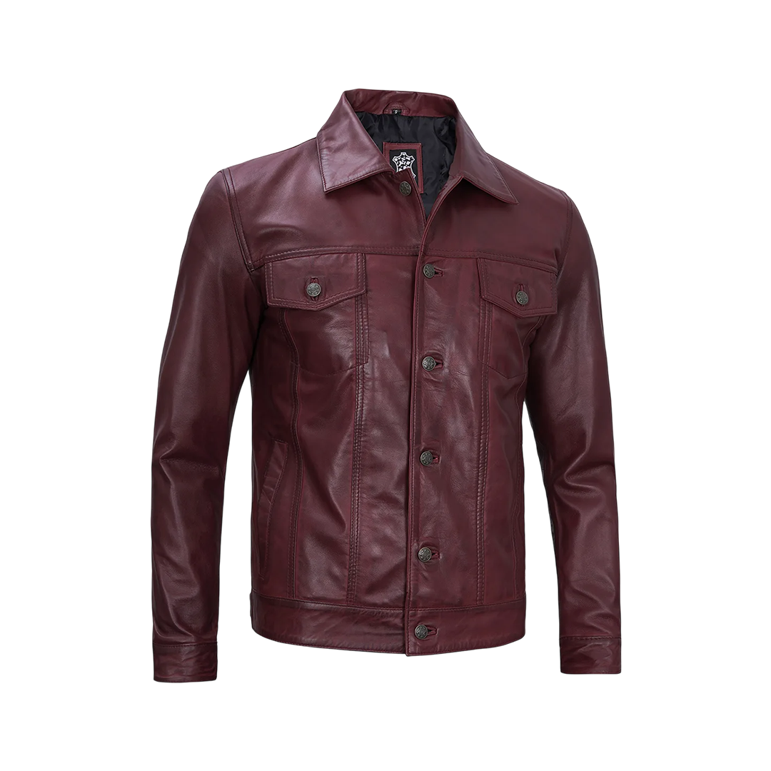 Men's Burgundy Real Leather Trucker Jacket