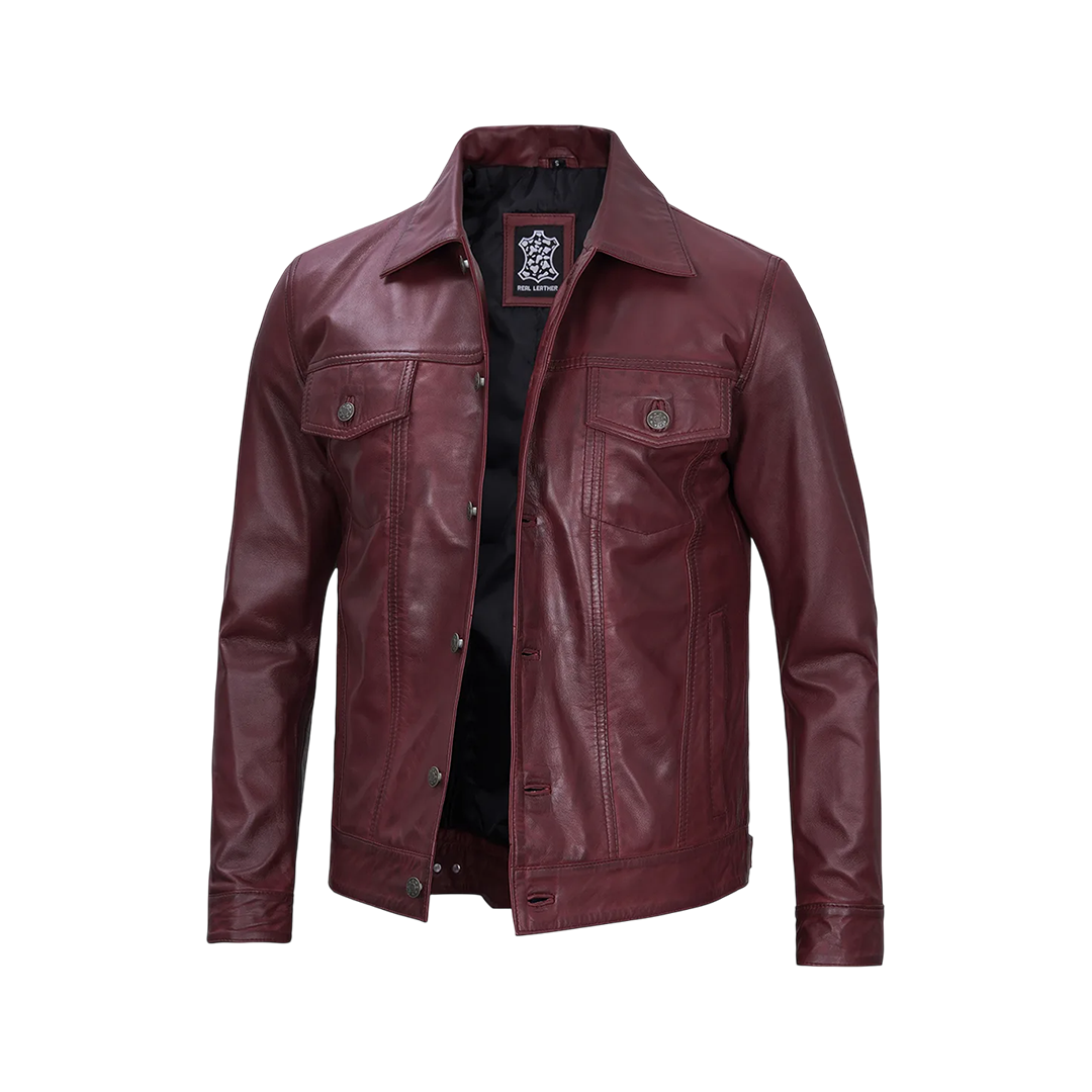 Men's Burgundy Real Leather Trucker Jacket