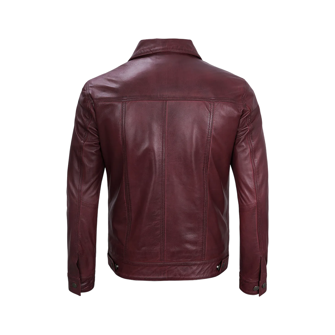 Men's Burgundy Real Leather Trucker Jacket