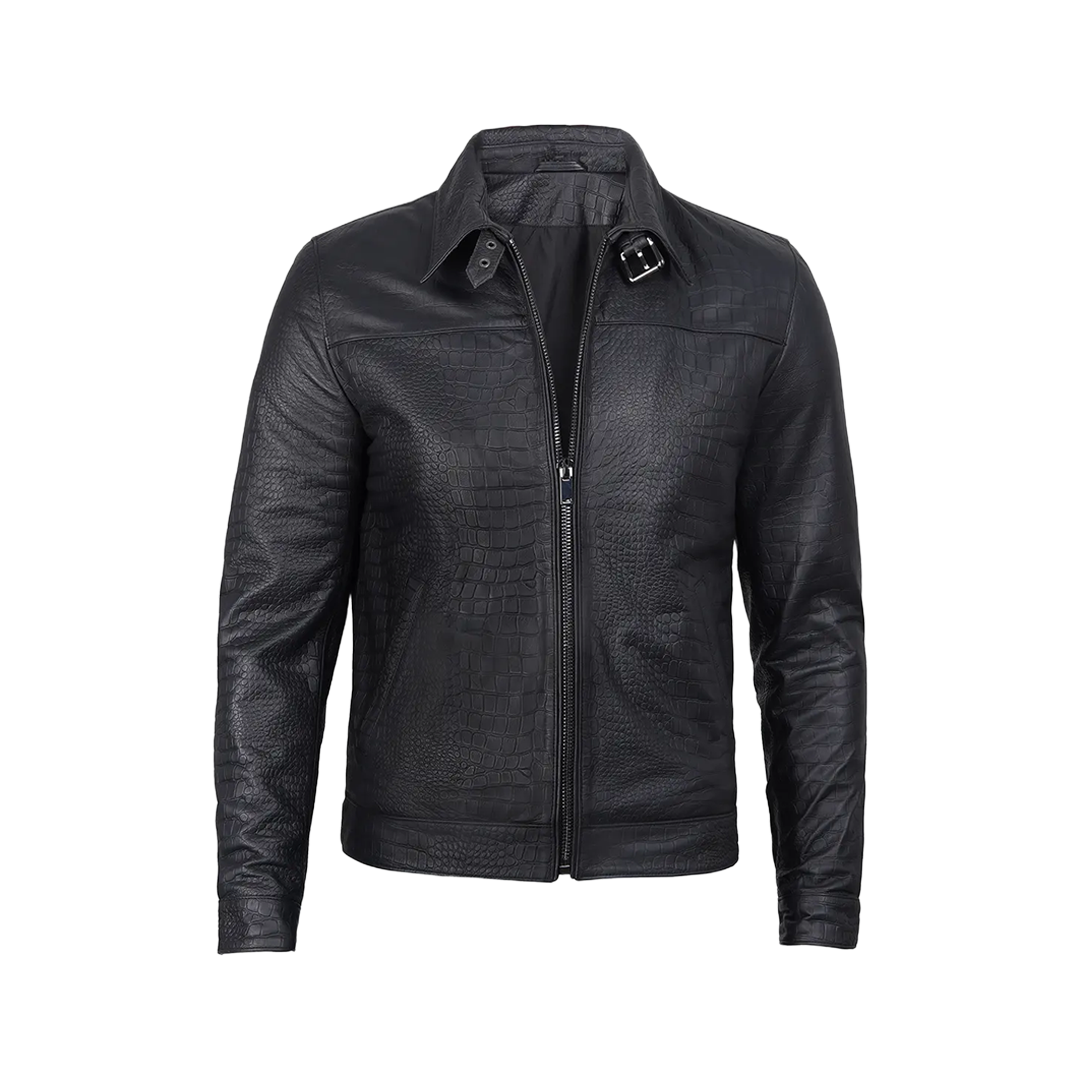 Men's Calfskin Alligator Texturing Premium Black Leather Jacket