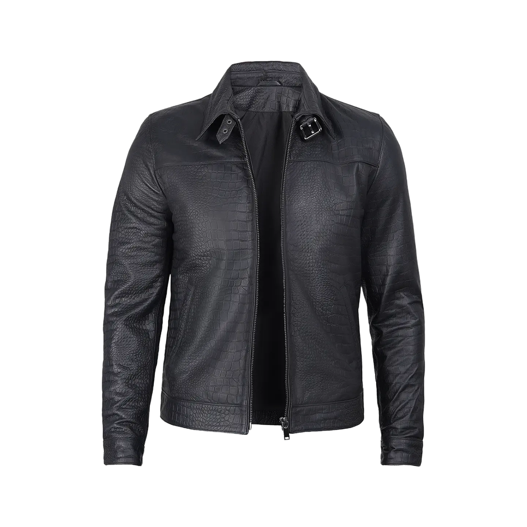 Men's Calfskin Alligator Texturing Premium Black Leather Jacket