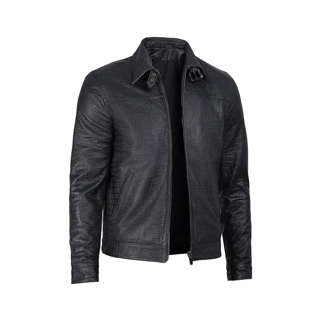 Men's Calfskin Alligator Texturing Premium Black Leather Jacket