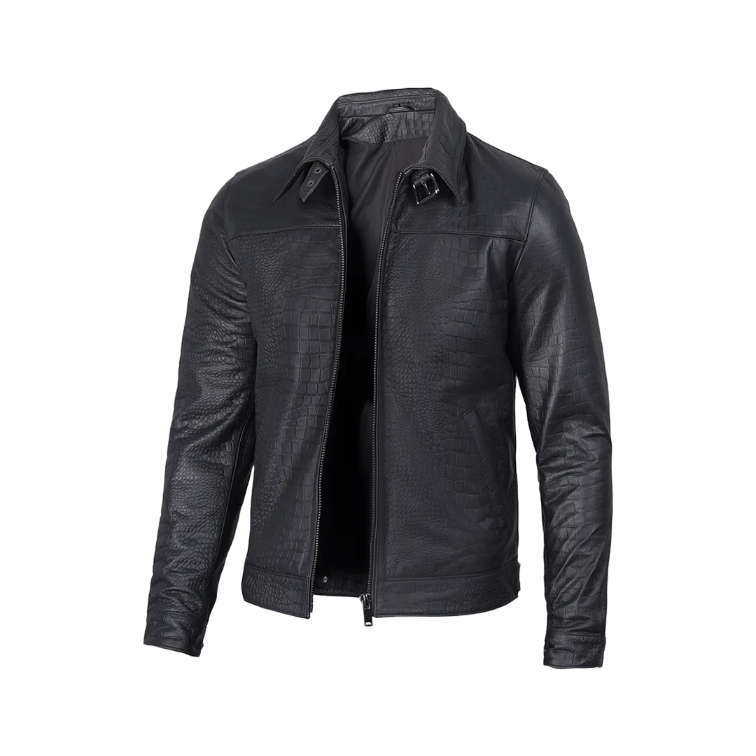 Men's Calfskin Alligator Texturing Premium Black Leather Jacket