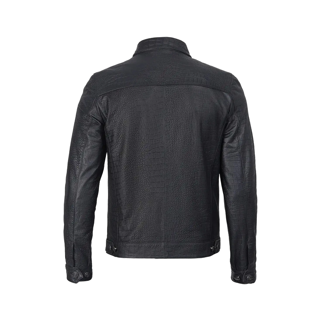 Men's Calfskin Alligator Texturing Premium Black Leather Jacket