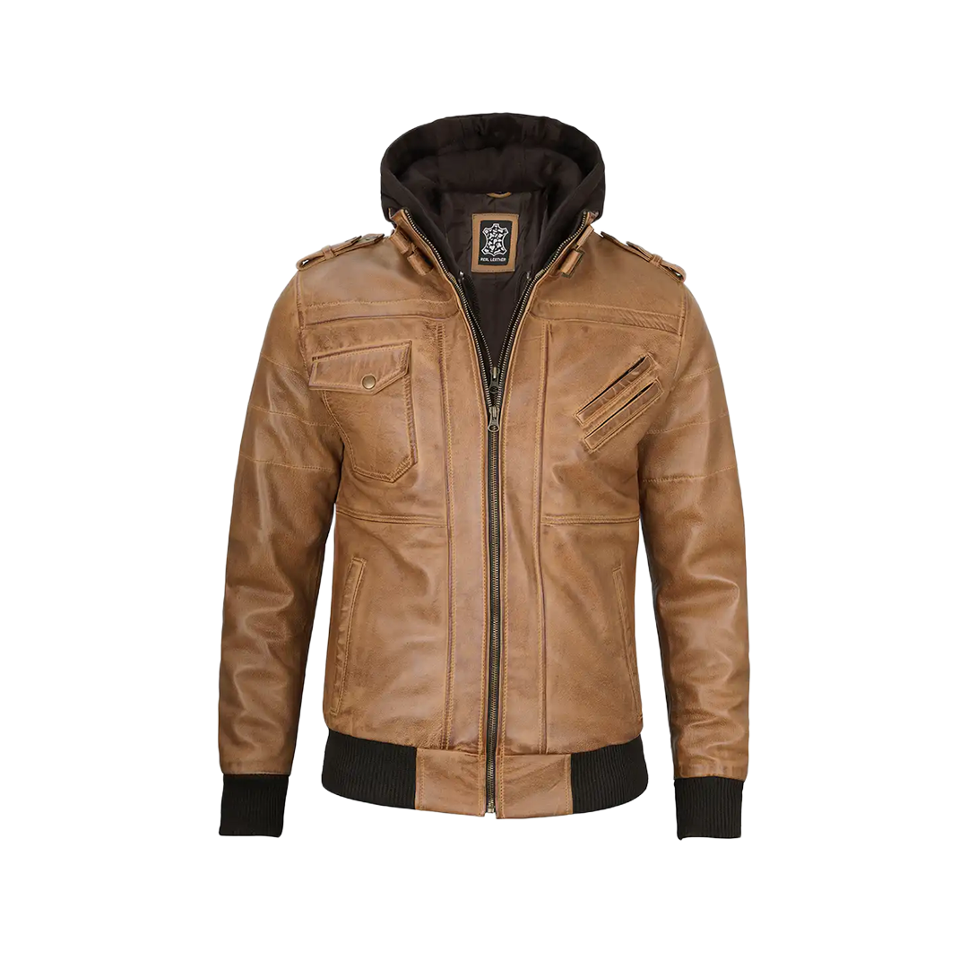 Men's Camel Brown Leather Jacket with Removable Hood