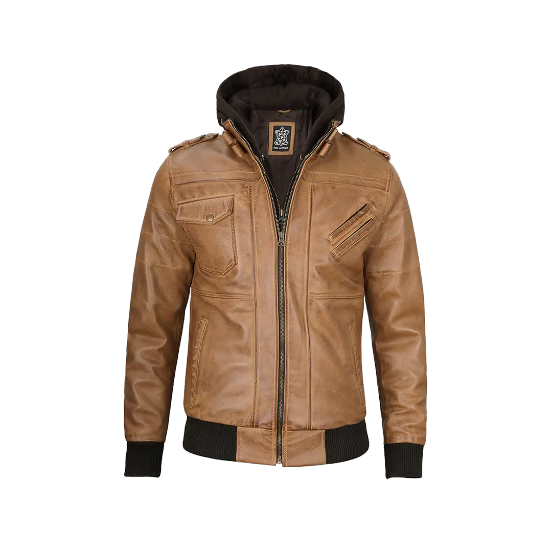 Men's Camel Brown Leather Jacket with Removable Hood