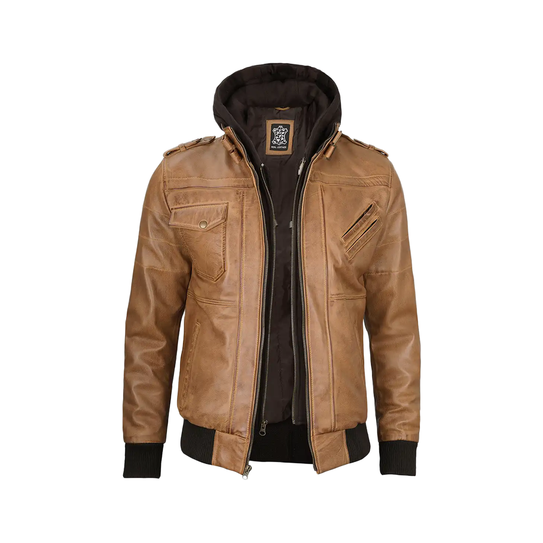 Men's Camel Brown Leather Jacket with Removable Hood