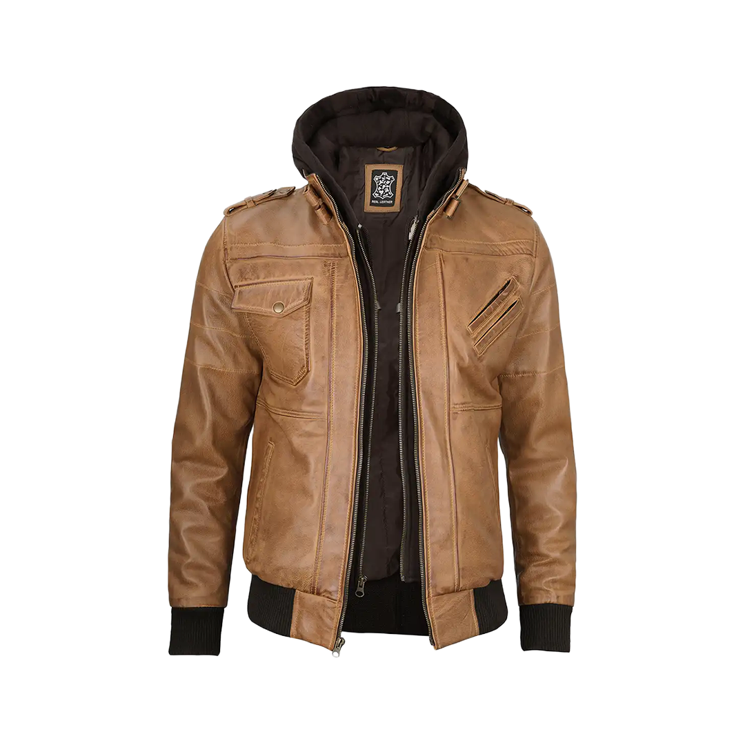 Men's Camel Brown Leather Jacket with Removable Hood