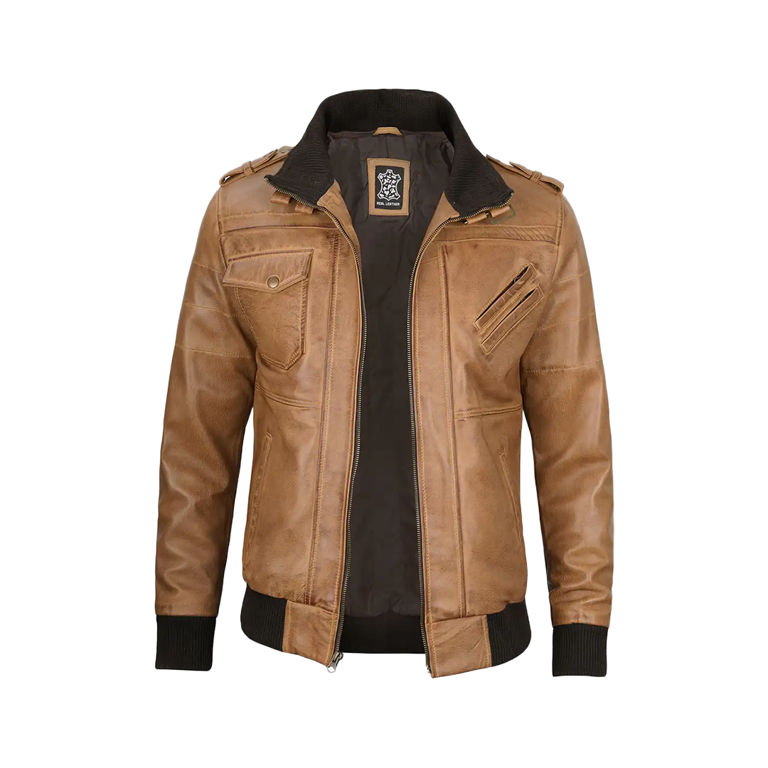 Men's Camel Brown Leather Jacket with Removable Hood