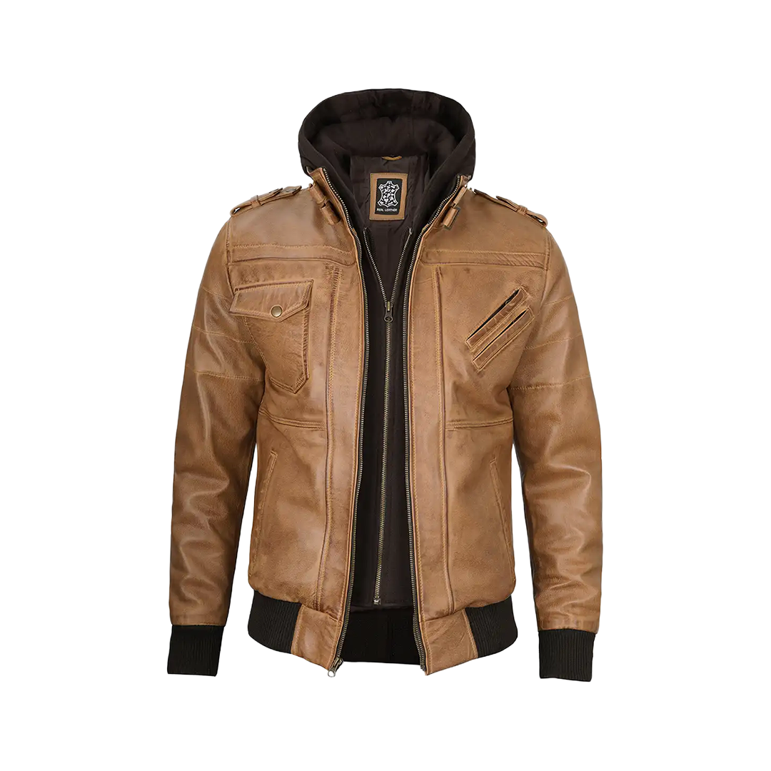 Men's Camel Brown Leather Jacket with Removable Hood