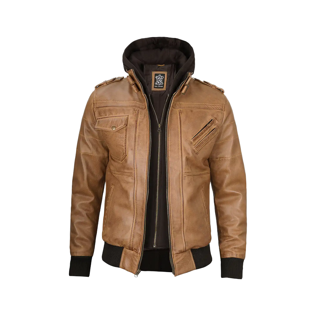 Men's Camel Brown Leather Jacket with Removable Hood