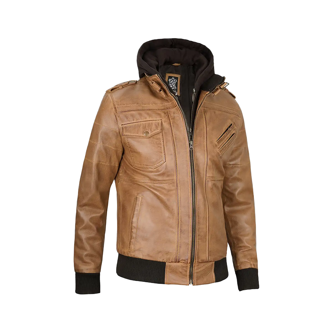 Men's Camel Brown Leather Jacket with Removable Hood