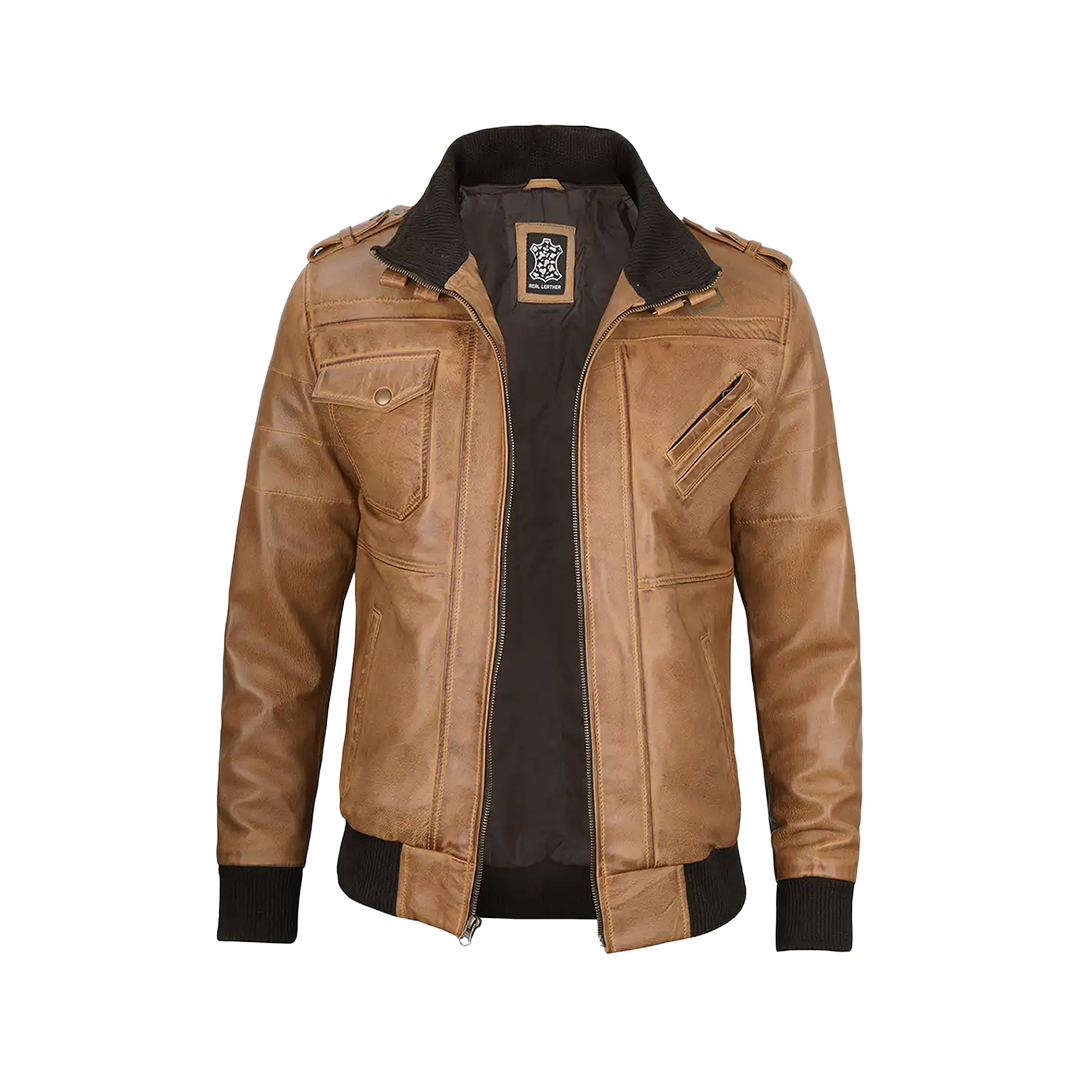 Men's Camel Brown Leather Jacket with Removable Hood