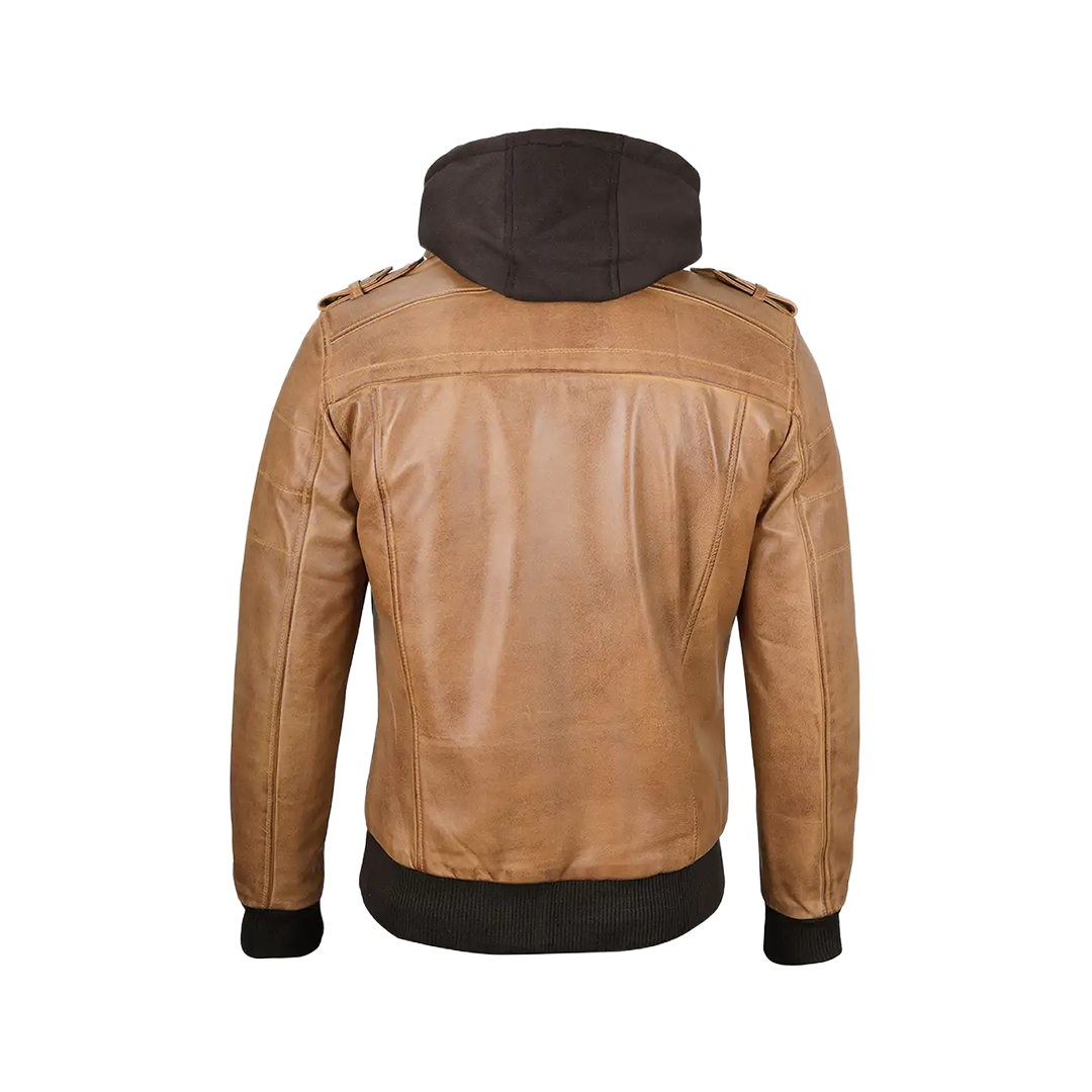 Men's Camel Brown Leather Jacket with Removable Hood