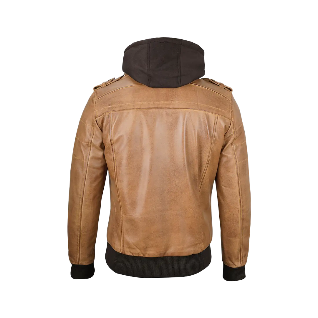Men's Camel Brown Leather Jacket with Removable Hood