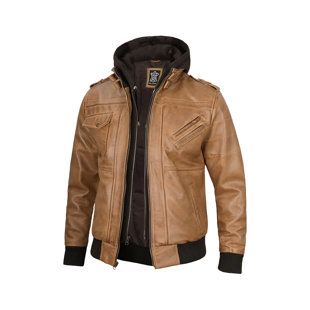 Men's Camel Brown Leather Jacket with Removable Hood