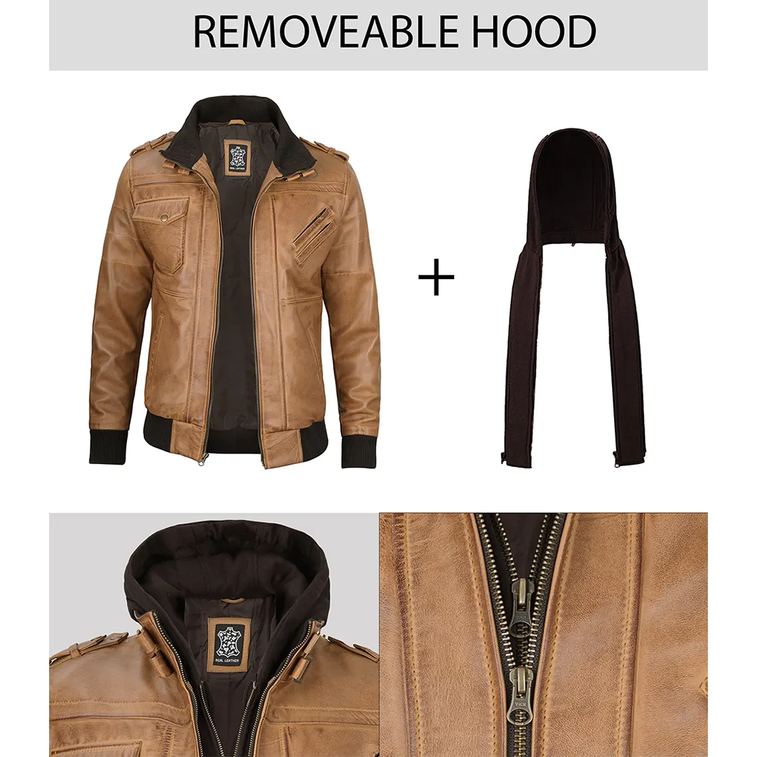 Men's Camel Brown Leather Jacket with Removable Hood