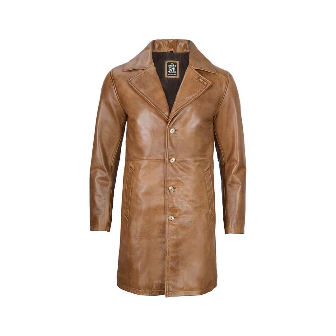 Men's Camel Brown Real Leather Car Coat