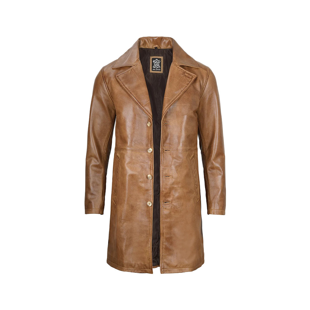 Men's Camel Brown Real Leather Car Coat