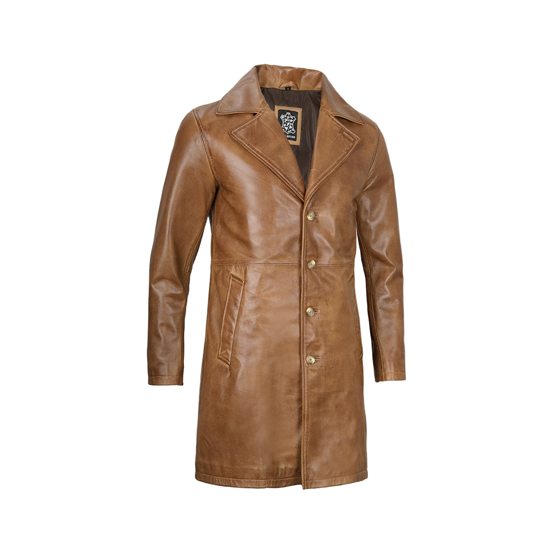 Men's Camel Brown Real Leather Car Coat