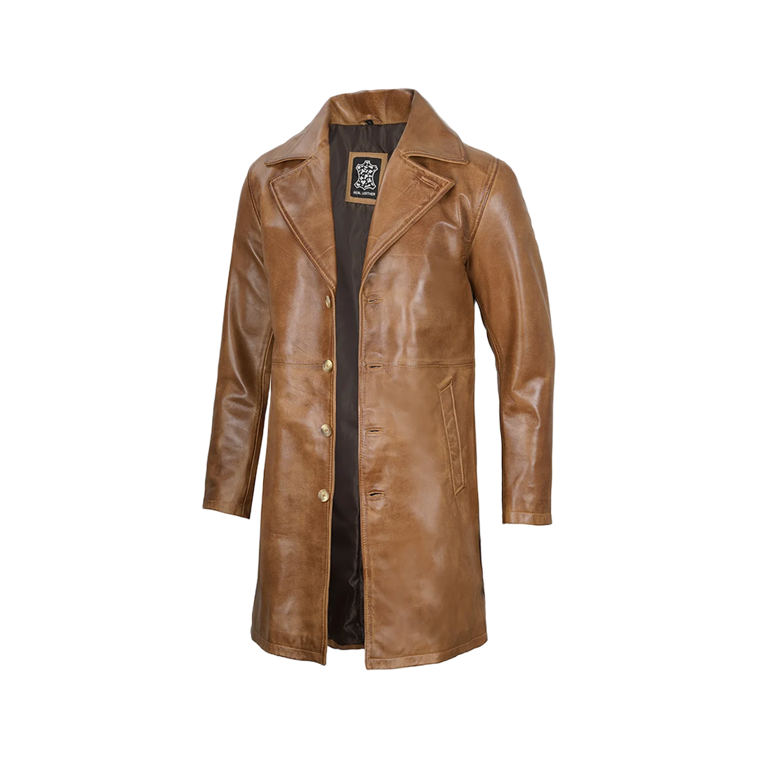 Men's Camel Brown Real Leather Car Coat