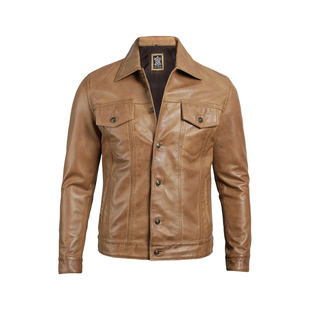 Men's Camel Brown Trucker Leather Jacket