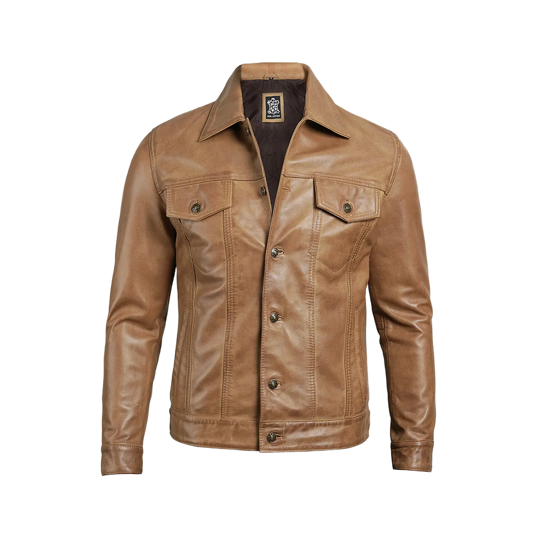 Men's Camel Brown Trucker Leather Jacket