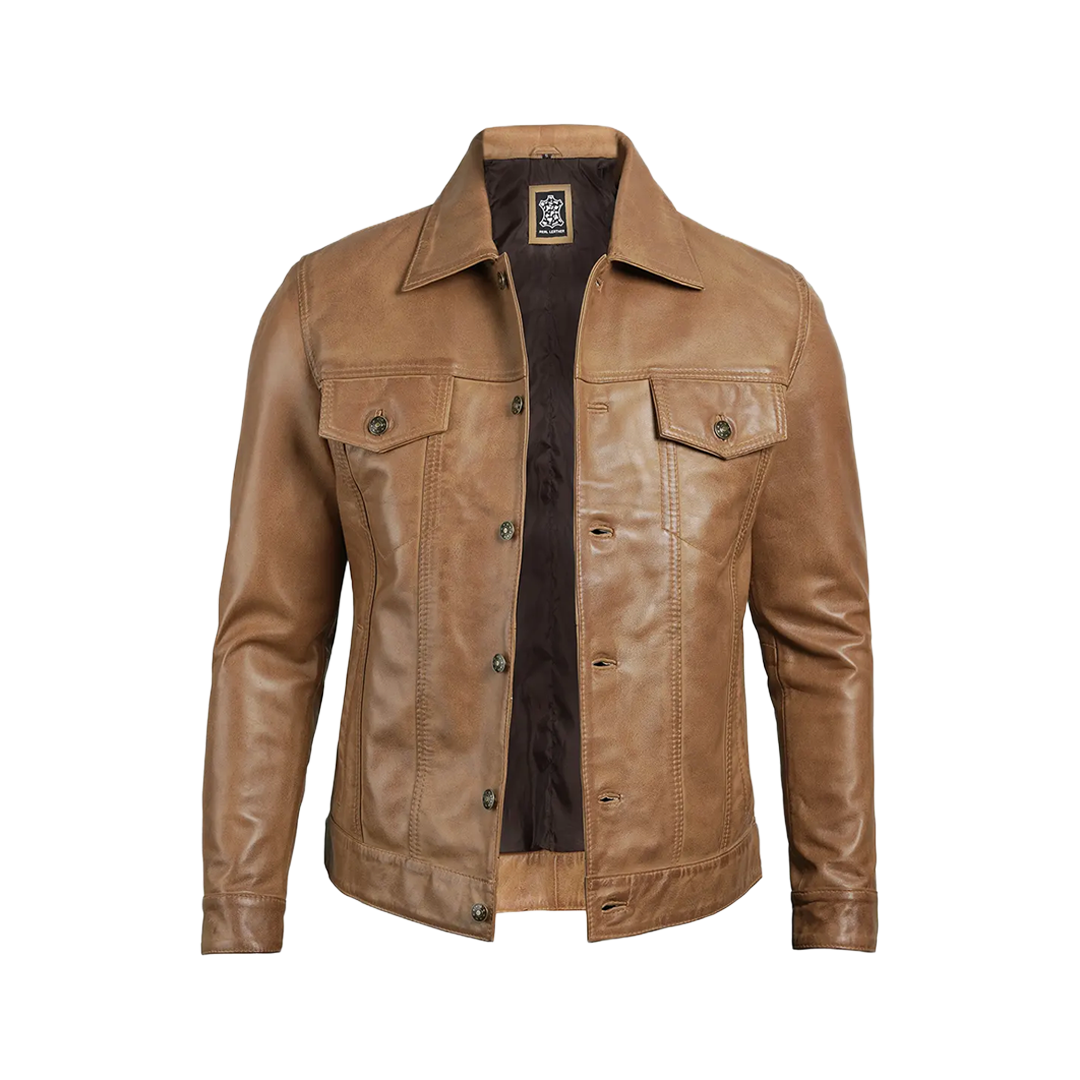 Men's Camel Brown Trucker Leather Jacket