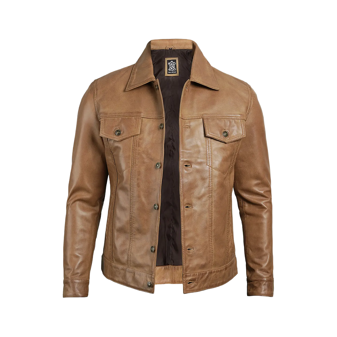 Men's Camel Brown Trucker Leather Jacket