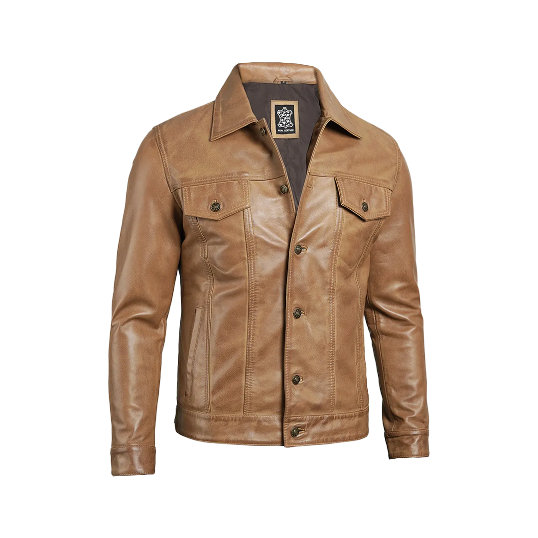 Men's Camel Brown Trucker Leather Jacket