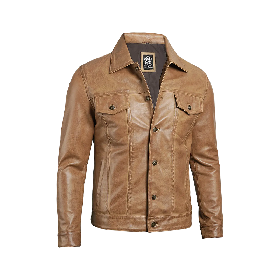 Men's Camel Brown Trucker Leather Jacket