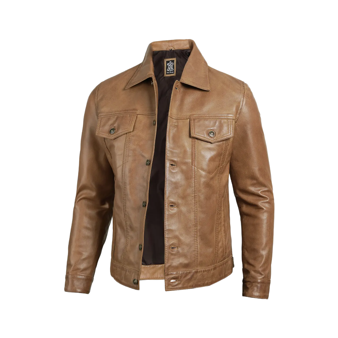 Men's Camel Brown Trucker Leather Jacket