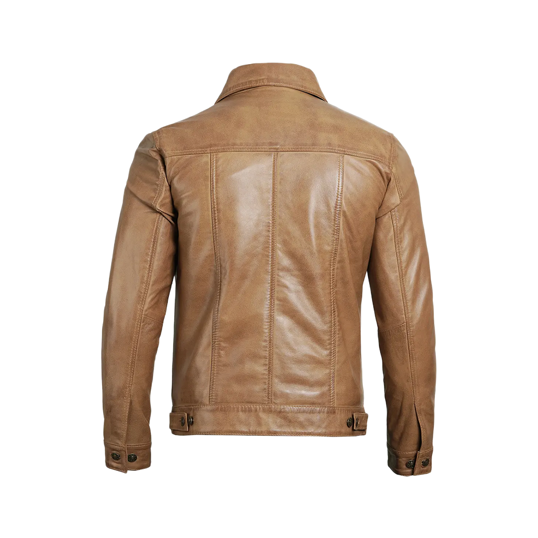 Men's Camel Brown Trucker Leather Jacket