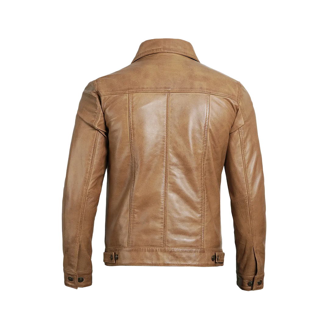 Men's Camel Brown Trucker Leather Jacket