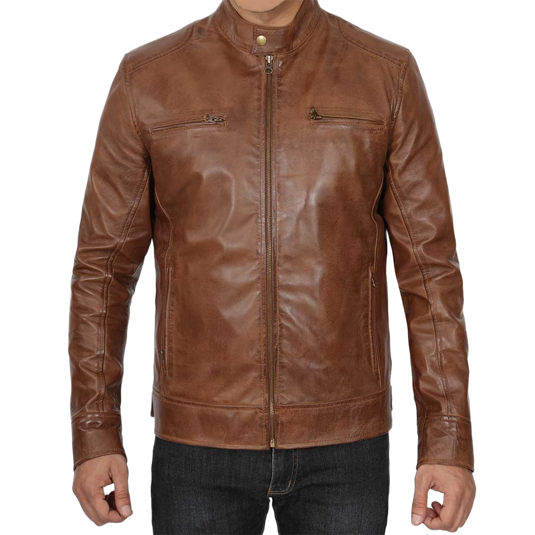 Men's Chocolate Brown Lambskin Cafe Racer Leather Jacket