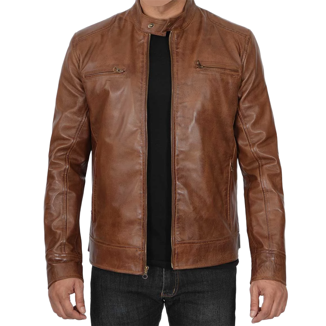 Men's Chocolate Brown Lambskin Cafe Racer Leather Jacket