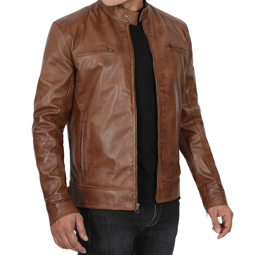Men's Chocolate Brown Lambskin Cafe Racer Leather Jacket