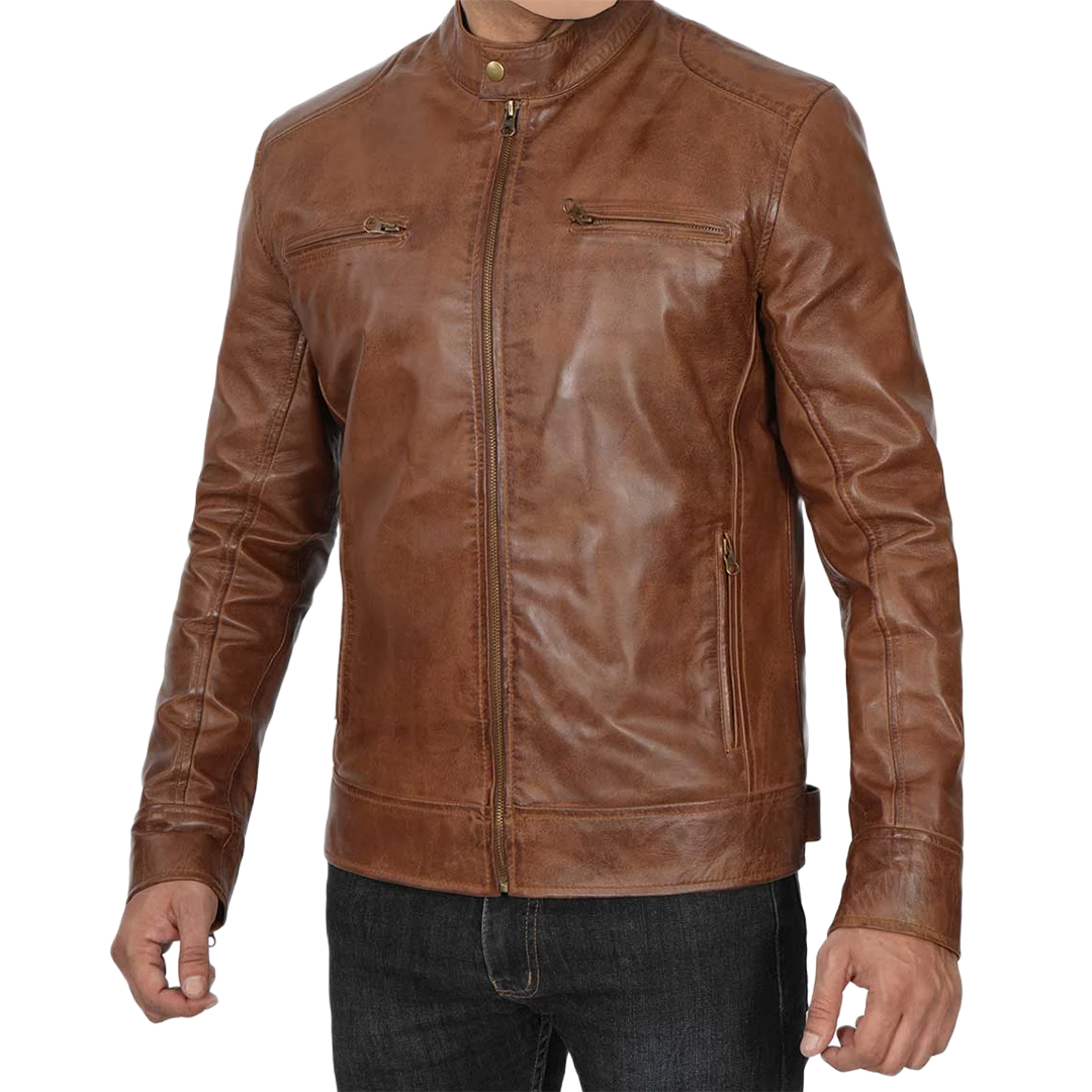 Men's Chocolate Brown Lambskin Cafe Racer Leather Jacket