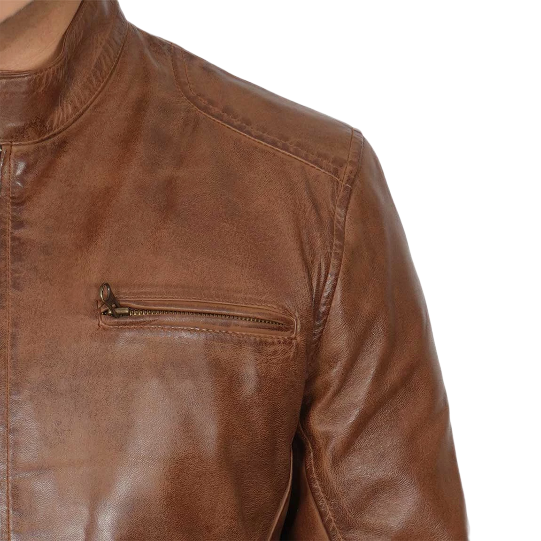 Men's Chocolate Brown Lambskin Cafe Racer Leather Jacket