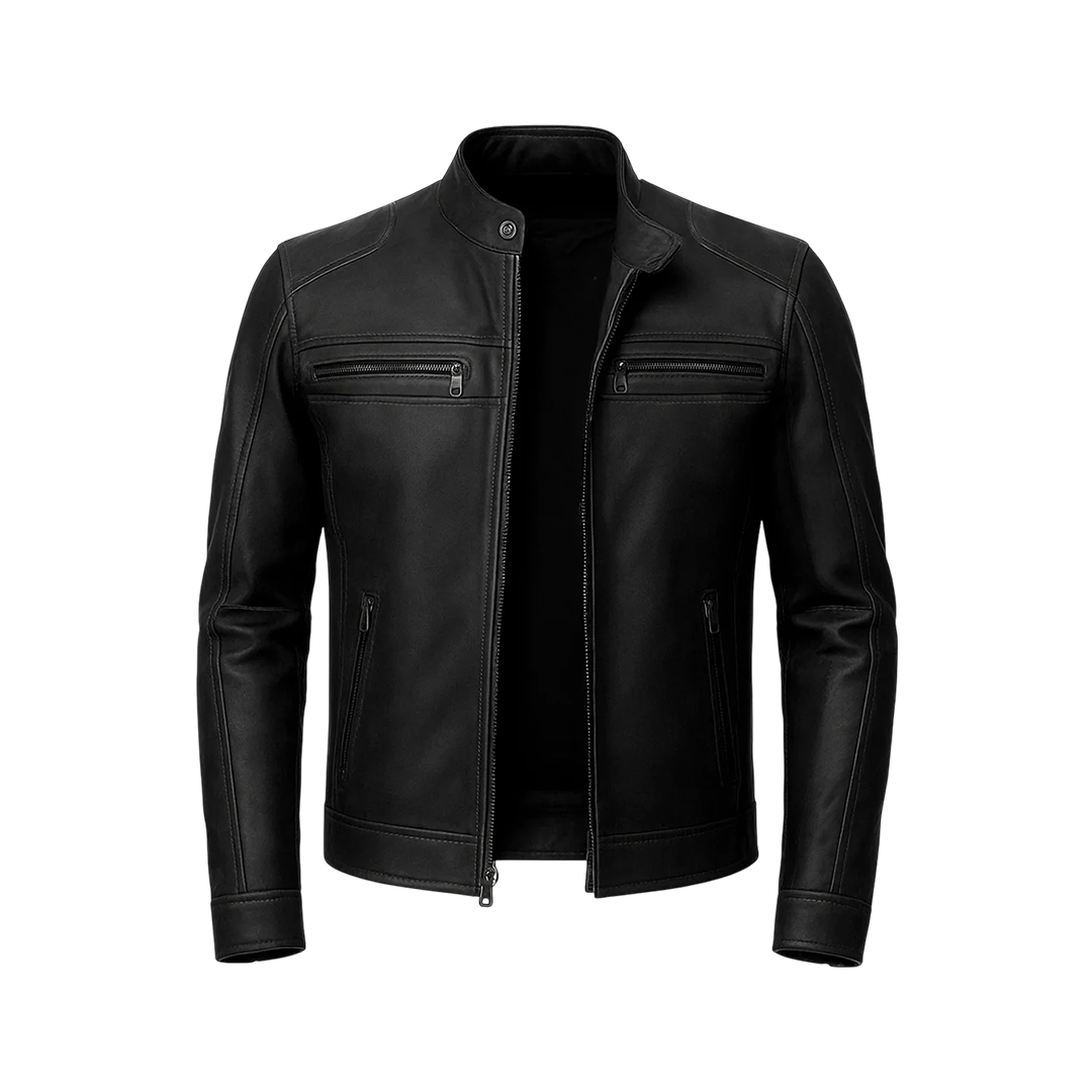 Men’s Classic Black Lambskin Cafe Racer Leather Jacket