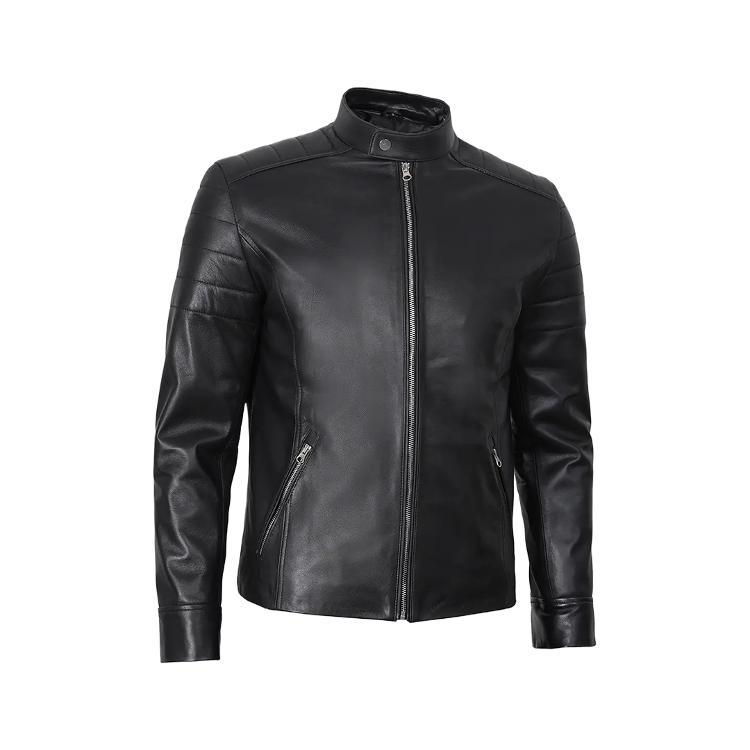 Men's Classic Black Leather Cafe Racer Jacket