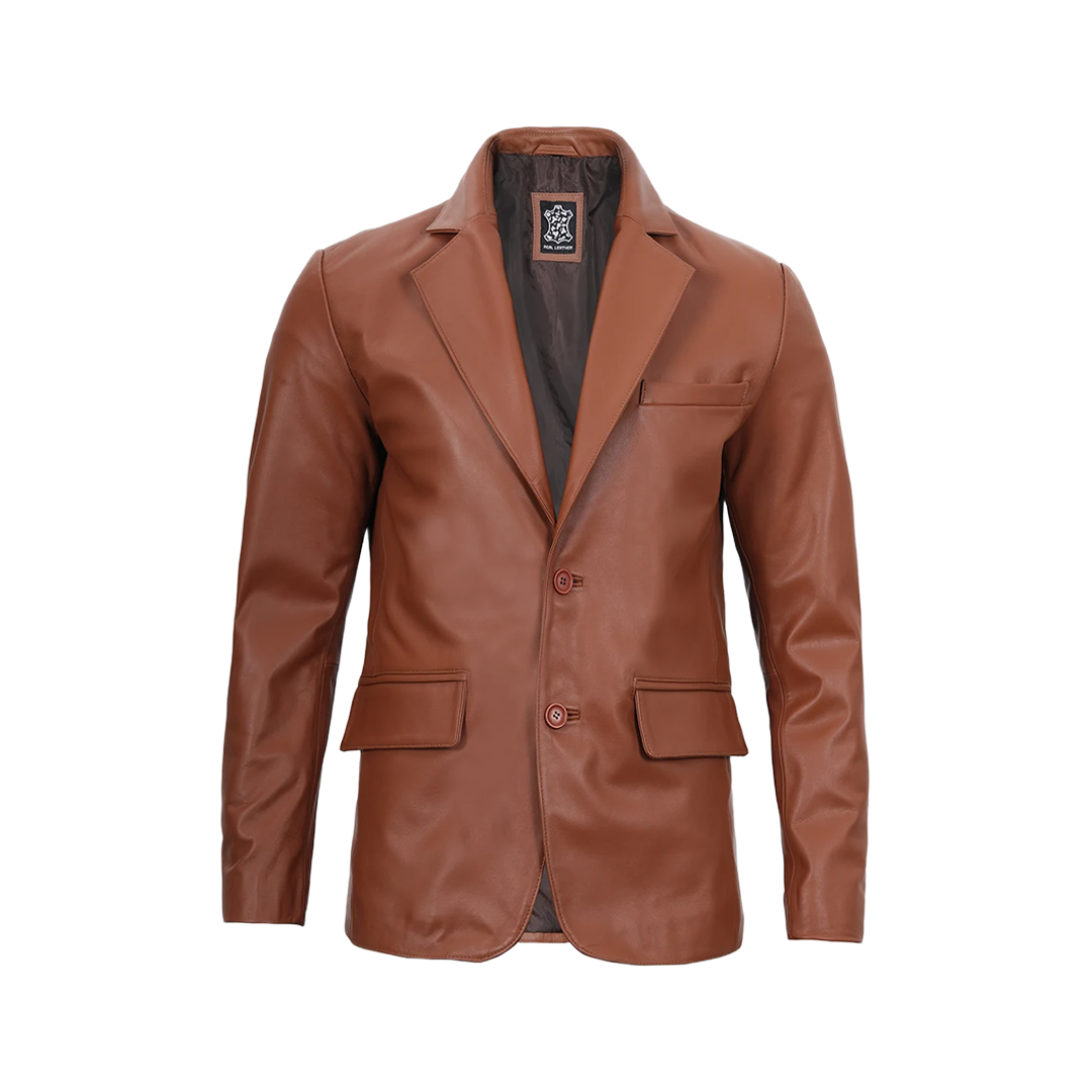 Men's Two Button Cognac Brown Leather Blazer Jacket