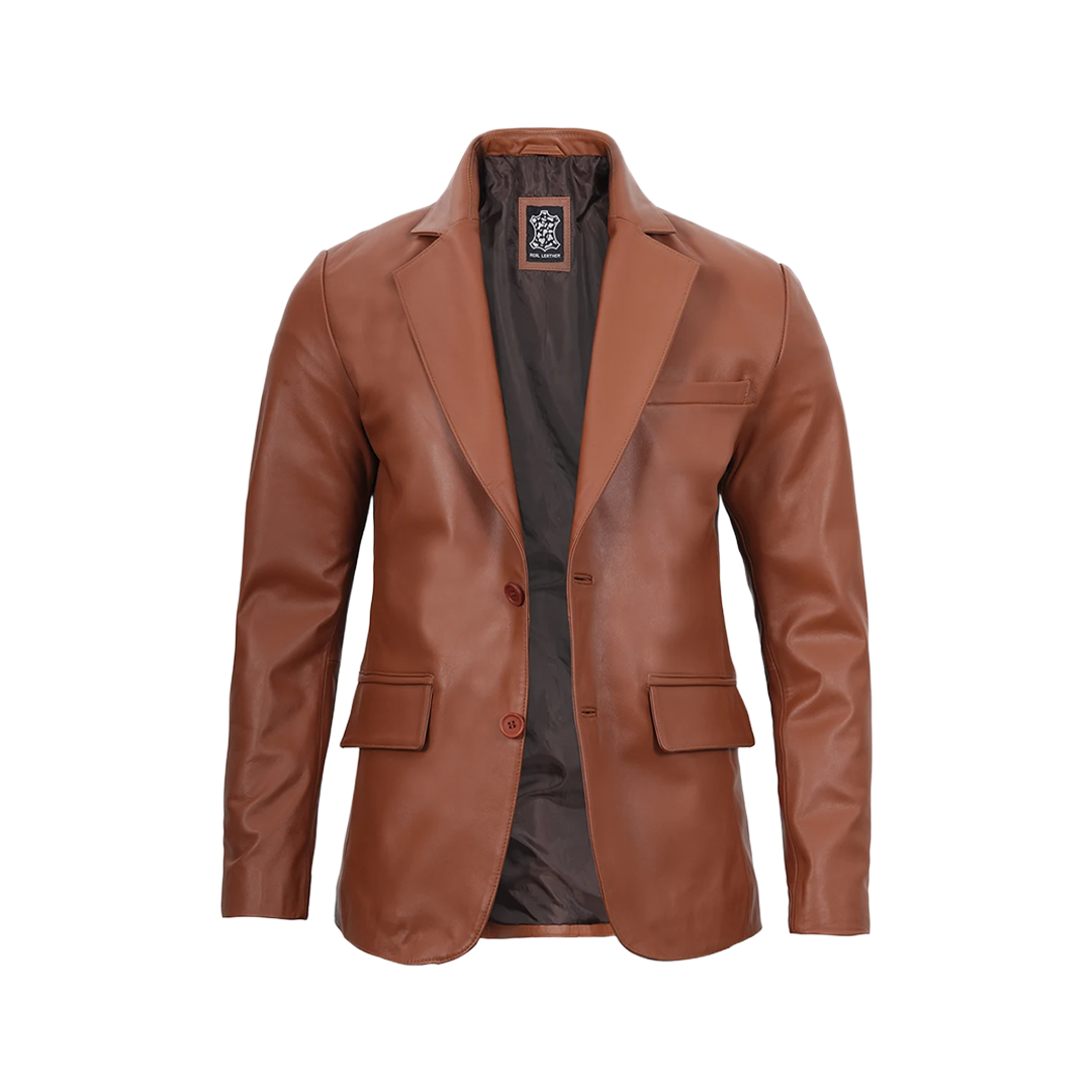 Men's Two Button Cognac Brown Leather Blazer Jacket