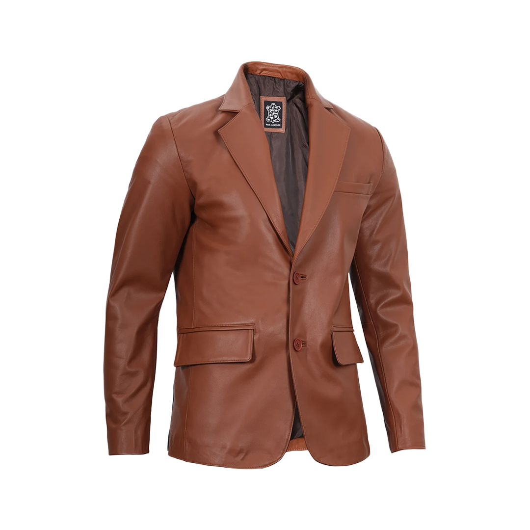 Men's Two Button Cognac Brown Leather Blazer Jacket
